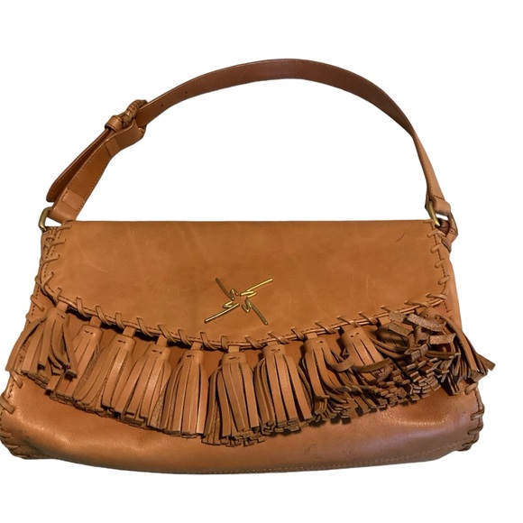Nicole Miller Tan Leather Fringed Shoulder Purse Adjustable Strap - Picture 1 of 9